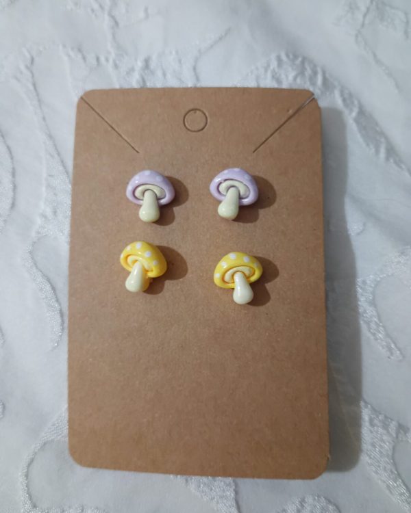 Mushroom Stud Earrings, Violet and Yellow