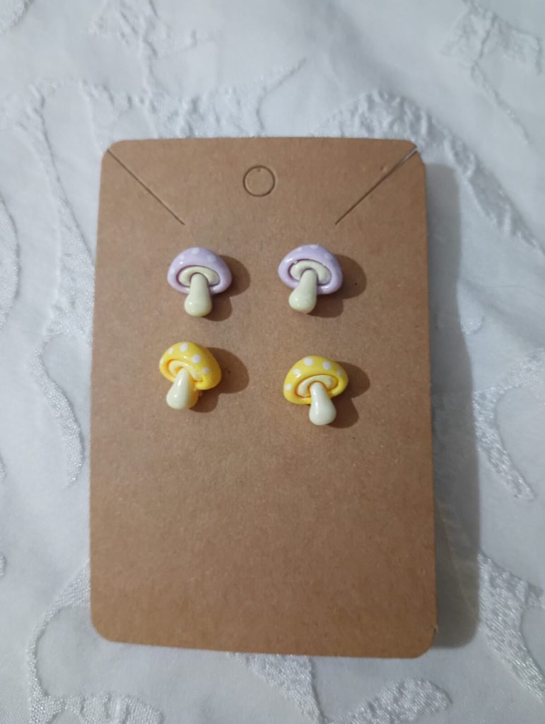 Mushroom Stud Earrings, Violet and Yellow
